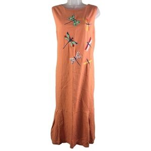 Linen Wear Midi Dress Size XXL Orange Embroidered Dragon Flies Linenlike Cotton